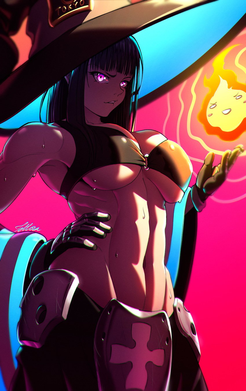 1girls abs big_breasts bikini_top black_hair bra breasts enen_no_shouboutai female female_only fire fire_force firefighter firefighter_uniform fit_female hand_on_hip long_hair muscular muscular_female oze_maki purple_eyes solo sweat tettora_draws toned toned_female