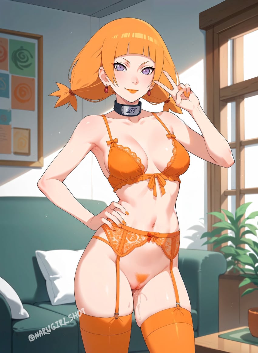 1girls ai_generated bare_shoulders blunt_bangs boruto:_naruto_next_generations bottomless bra breasts choker cleavage collarbone curvaceous curvy curvy_female curvy_figure earrings exposed_breasts female female_only female_pubic_hair garter_belt garter_straps high_resolution indoors jewelry kazamatsuri_moegi konohagakure_symbol kunoichi lingerie lipstick living_room long_hair looking_at_viewer makeup micro_bikini midriff narugirlshot naruto navel ninja no_panties orange_hair orange_lingerie orange_pubic_hair peace_sign petite pinup pubic_hair purple_eyes pussy_juice skimpy small_breasts smile solo standing stockings tied_hair twintails underboob underwear v_sign watermark wet wet_pussy wide_hips