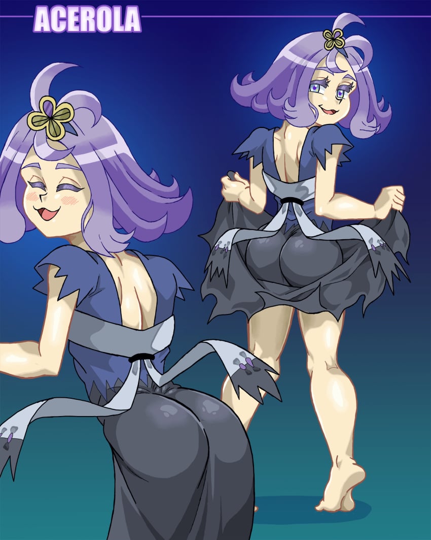 :3 acerola_(pokemon) ahoge ass ass_focus back_view barefoot bubble_butt curvy curvy_figure dress female female_focus female_only flat_chest hair_ornament human lifting lifting_clothing looking_at_viewer pale-skinned_female pale_skin pokemon pokemon_sm purple_hair schlumper smug_face tight_clothing