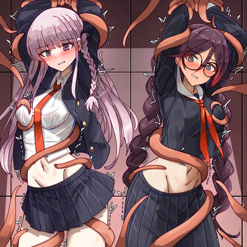 2girls arms_up bakasp-lilzy black_hair black_jacket black_ribbon black_skirt blush bound bound_arms braid collared_shirt cowboy_shot danganronpa danganronpa:_trigger_happy_havoc danganronpa_(series) frown fukawa_toko fukawa_touko glasses grey_hair groin hair_ribbon highres jacket kirigiri_kyoko kirigiri_kyouko long_hair long_sleeves miniskirt multiple_girls navel necktie open_clothes open_jacket orange_necktie pleated_skirt rape restrained ribbon round_eyewear shirt side_braid skirt tentacle tentacle_sex twin_braids twintails white_shirt