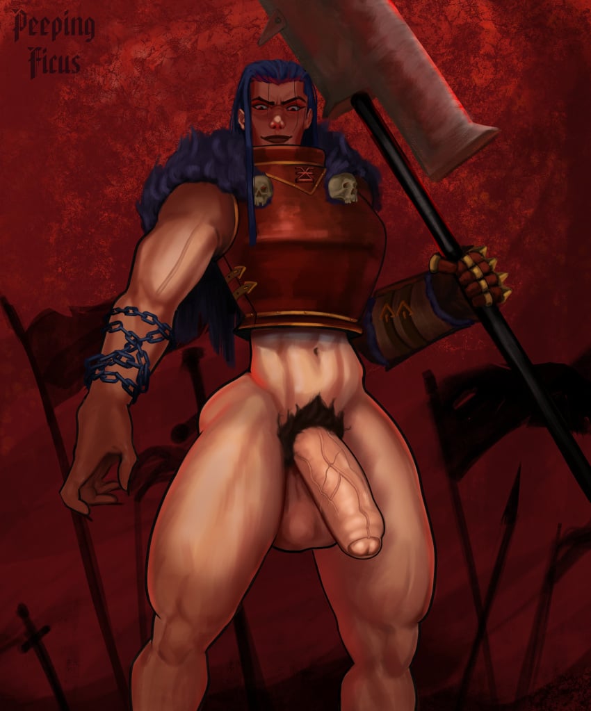 1futa abs armor armored_futa big_balls big_penis black_lipstick blue_hair bottomless chaos_(warhammer) chaos_cultist futanari khorne khorne_mark long_hair muscular_arms muscular_futanari muscular_thighs partially_retracted_foreskin peepingficus pubic_hair solo_futa warhammer_(franchise) warhammer_fantasy