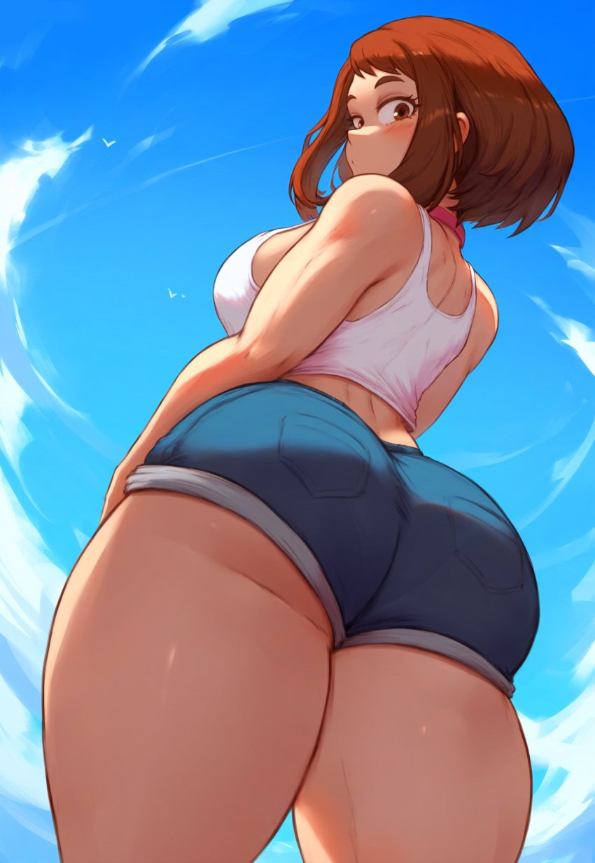 1girls ai_generated ass back back_view bare_shoulders big_ass big_breasts blush booty_shorts breasts brown_eyes brown_hair clothing cloud collar curvy day eyelashes fat_ass female female_focus female_only highres hips huge_ass human jean_shorts krystalizedart large_ass large_breasts looking_at_viewer looking_down low-angle_view medium_hair my_hero_academia ochako_uraraka outdoors pinup revealing_clothes shiny_skin short_shorts shorts sideboob skimpy sky sleeveless solo solo_female tank_top thick_thighs thighs voluptuous wide_hips