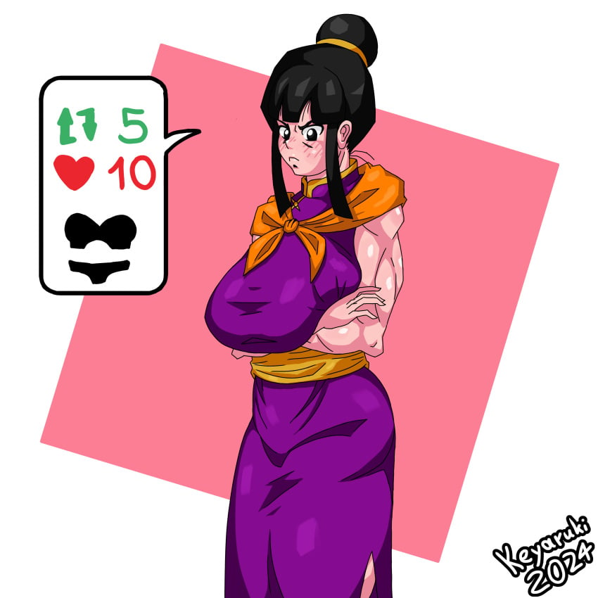 black_hair chichi china_dress dragon_ball dragon_ball_super dragon_ball_z housewife keyaruki massive_breasts muscular muscular_female retweet_challenge