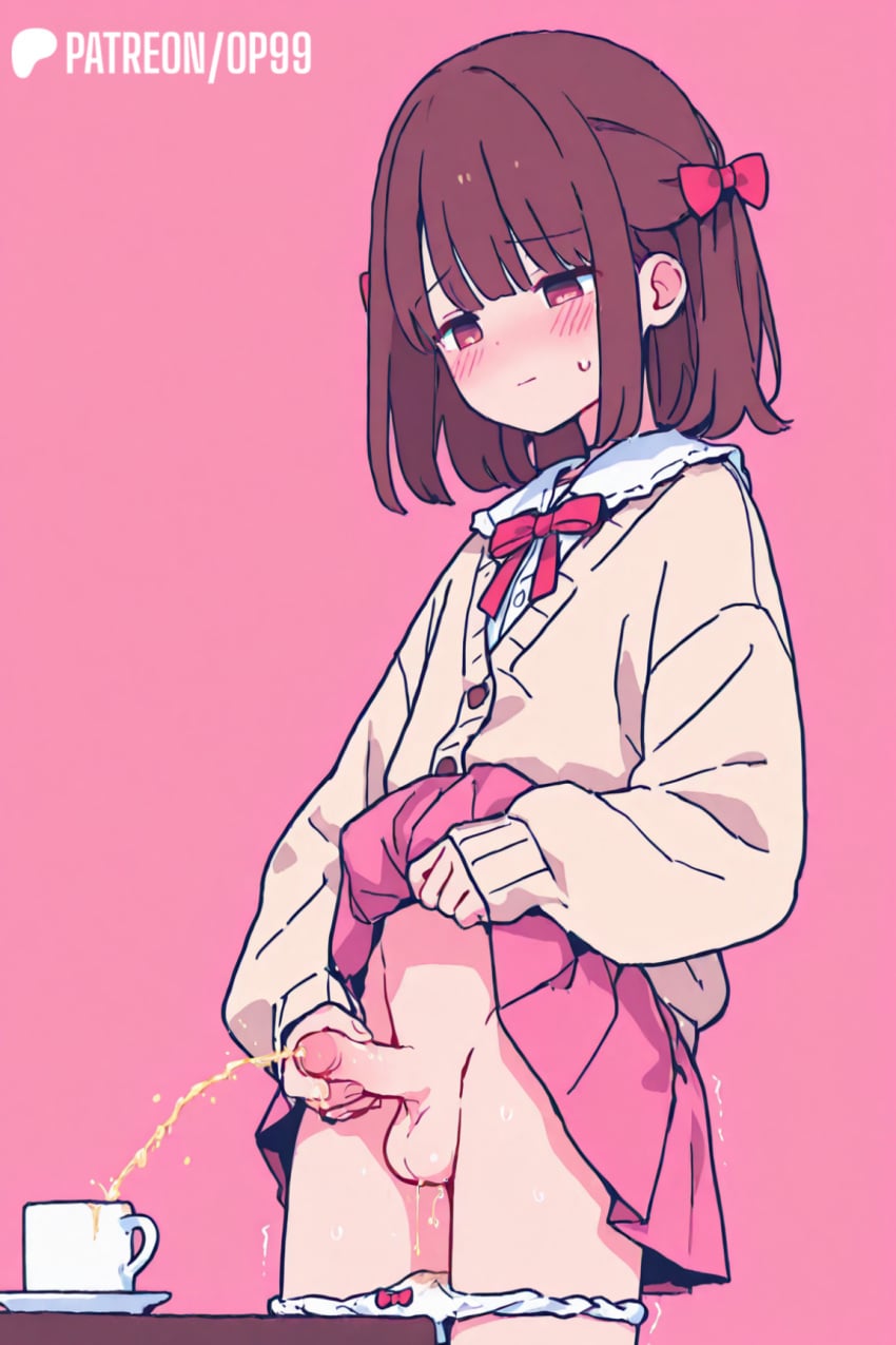 ai_generated ass balls blush cock cumdrip cumdripping eyes fat femboy feminine flaccid foreskin futanari glasses hair huge male messy milf mother onto_otoko op99 out panties peeing penis plump round small thighs tiny_penis urine