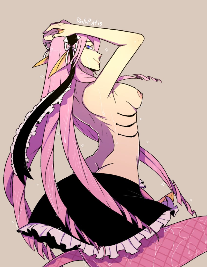 blue_eyes dali-puff dalipuff female female_only gills long_hair looking_at_viewer maid_headdress mermaid meroune_lorelei monster_girl monster_musume_no_iru_nichijou nipples pink_hair pink_scales skirt tail topless voluptuous