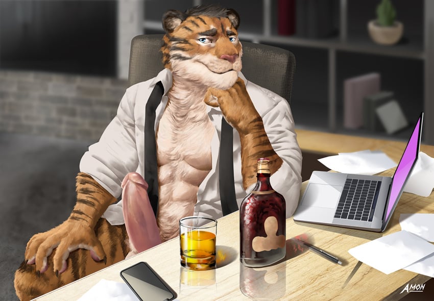 alcohol amon-sydonai anthro beverage blue_eyes business claws clothing computer erection exhibitionism feline karnal laptop male male_only mammal muscular necktie office penis pinup pose public shirt signature solo tiger undressing