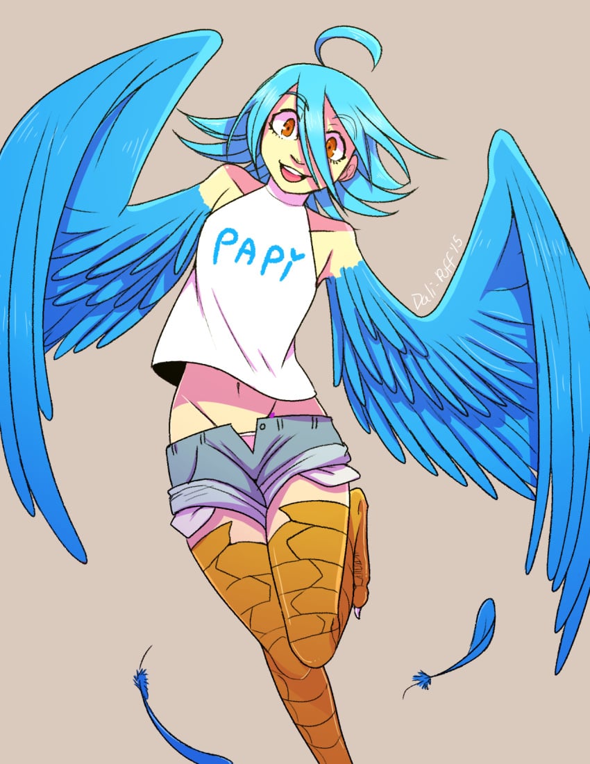 1girls 2015 avian bird_legs bird_wings blue_feathers blue_hair clothing dali-puff feathered_wings feathers female female_only flat_chest harpy monster_girl monster_musume_no_iru_nichijou open_mouth orange_eyes panties papi_(monster_musume) pink_panties short_hair short_shorts small_breasts talons tank_top text watermark wings