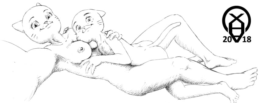 2018 4_fingers 4_toes anthro breasts cartoon_network duo eyelashes feet feline female gumball_watterson incest looking_at_viewer lying male mammal medium_breasts monochrome mother mother_and_son nicole_watterson nipples nude on_back parent simple_background smile son straight the_amazing_world_of_gumball toes whiskers white_background xenahasaclit