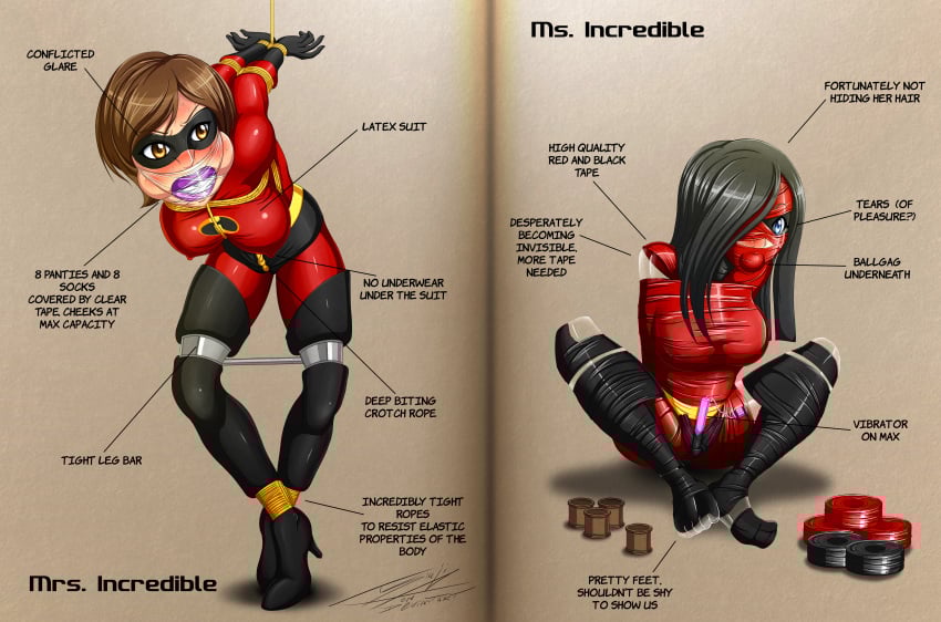 2girls absurd_res amber_eyes arms_behind_back armwear ball_gag black_hair blue_eyes blush bodysuit bondage book bound bound_ankles bound_arms bound_legs bound_wrists breasts brown_background brown_hair clothed clothed_female clothing crotch_rope disney duo elastigirl embarrassed english_text eyewear female female_only femsub flustered footwear forced front_view full_body fully_clothed gag gagged gloves handwear heels helen_parr hi_res invisible knees_up large_breasts latex latex_suit legwear long_gloves long_hair looking_at_viewer mask masturbation multiple_girls open_eyes pixar red_clothing rope rope_bondage see-through sex_toy shiny_clothes shiny_hair short_hair shy simple_background sitting spread_legs spreader_bar standing straight_hair strappado submissive tape tape_bondage tears text the_incredibles tiptoes translucent_body tsinji vibrator violet_parr