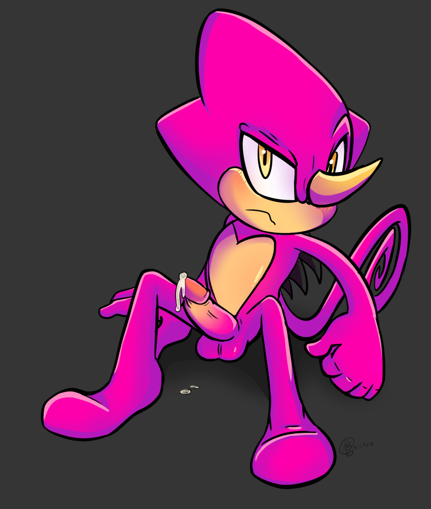 2018 anthro blush cum embarrassed espio_the_chameleon featureless_feet geekoflewds geekoflimn geekoflove grey_background male male_only nude penis simple_background solo sonic_(series)