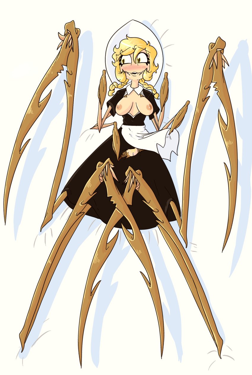 <3_eyes animal_humanoid arachnid areola arthropod breasts cliffside clothing cordie dakimakura_design dress eyelashes fangs female hat heart hi_res humanoid lying monster_girl_(genre) nipples on_back pussy solo teeth thebigboifolder torn_clothing