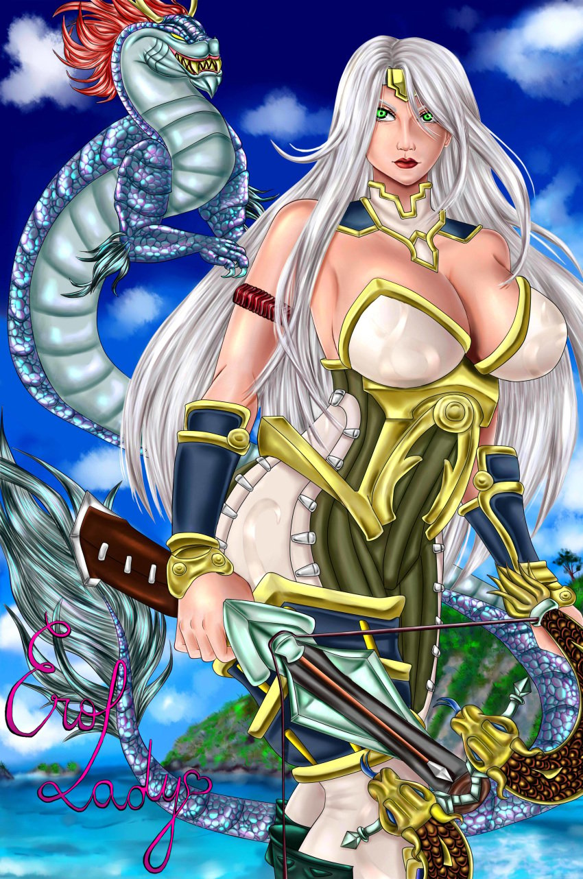 1girls alternate_costume ass beach big_ass big_breasts breasts cassie_(paladins) clothed clothes dragon dragoncaller_cassie erolady female female_only green_eyes large_breasts long_hair paladins sky solo solo_focus thick_thighs thighs white_hair