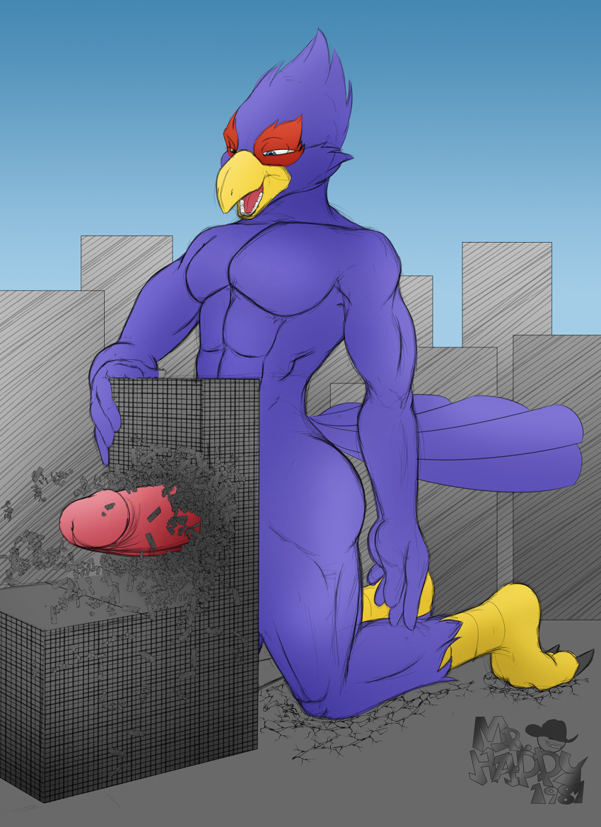 anthro avian bird building building_penetration city destruction erection falco_lombardi kneeling macro male male_only mrhappy1987 nintendo solo star_fox video_games