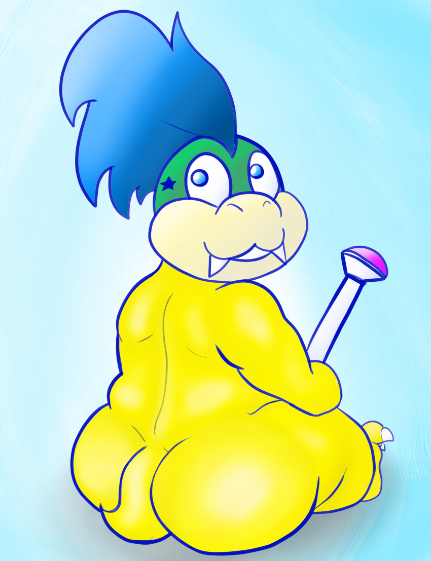 1boy artist_request ass back big_ass blue_background chubby full_body koopaling koopalings larry_koopa male male_only mario_(series) nintendo simple_background sitting solo tail young