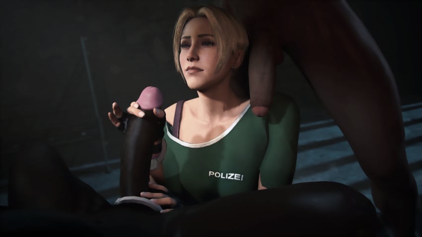 1girls 2boys 3d big_penis blonde blonde_hair blue_eyes capitao_(rainbow_six) clothed_female_nude_male dark-skinned_male dark_penis dark_skin female foreskin gloves handcuffs indoors interracial iq_(rainbow_six) leeterr male penis police prison rainbow_six rainbow_six_siege tom_clancy touching touching_penis wamai_(rainbow_six)