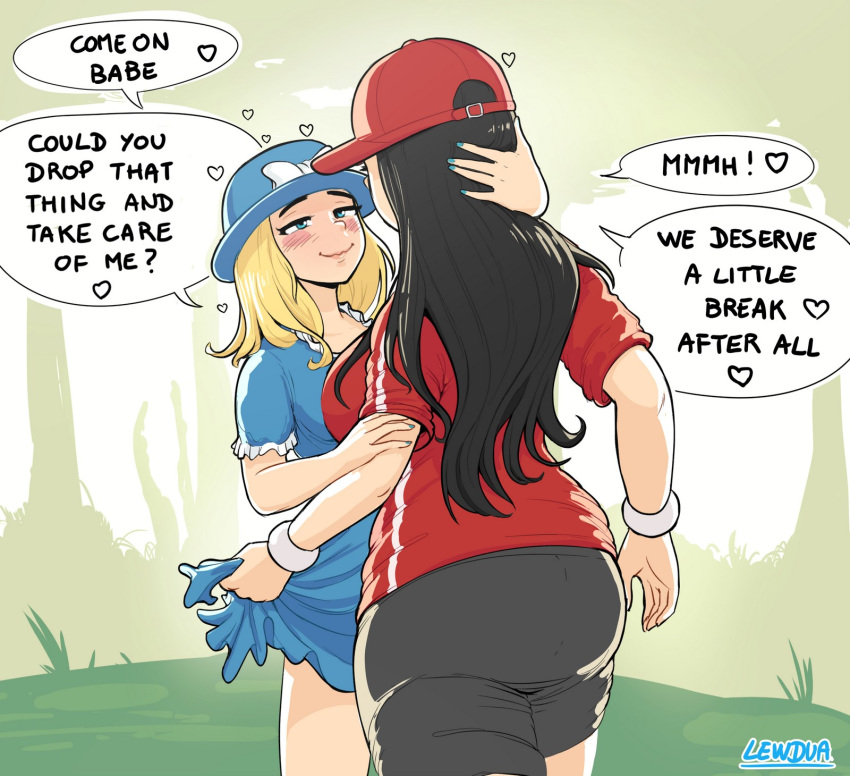 2futas alison_(lewdua) ass breasts clothing comic dress futa_on_futa futa_only futa_with_futa futanari heart human intersex lewdua nessie_(lewdua) original_character pokemon pokemon_go speech_bubble spoken_heart text watermark