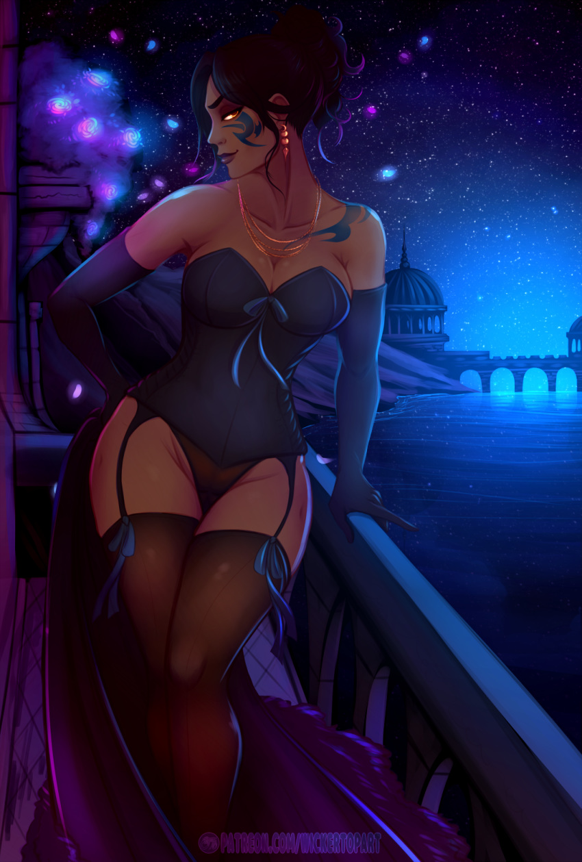 1girls balcony dark-skinned_female dress female female_only final_fantasy final_fantasy_xiv garters gold_eyes highlander hyur large_breasts lingerie outdoors outside pinup solo stockings thick_thighs thighhighs undressing wickertop wide_hips