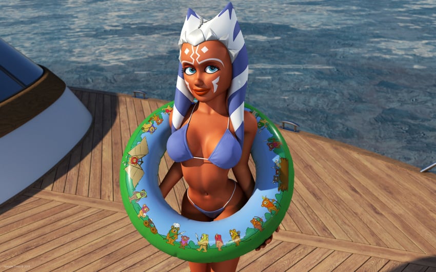 1girls 2014 3d ahsoka_tano alien alien_girl alternate_version_available artist_name bare_shoulders big_breasts bikini bikini_bottom bikini_top blue_eyes busty chair clone_wars curvy day detailed_background ewok_floating_tire eyelashes female female_only front_view holding_object hourglass_figure humanoid jedi jedi_padawan kondaspeter looking_at_viewer looking_up mammal marking midriff orange_skin outdoor outside pose posing shadow shiny shiny_skin solo standing star_wars swimsuit thong togruta underboob voluptuous water wide_hips