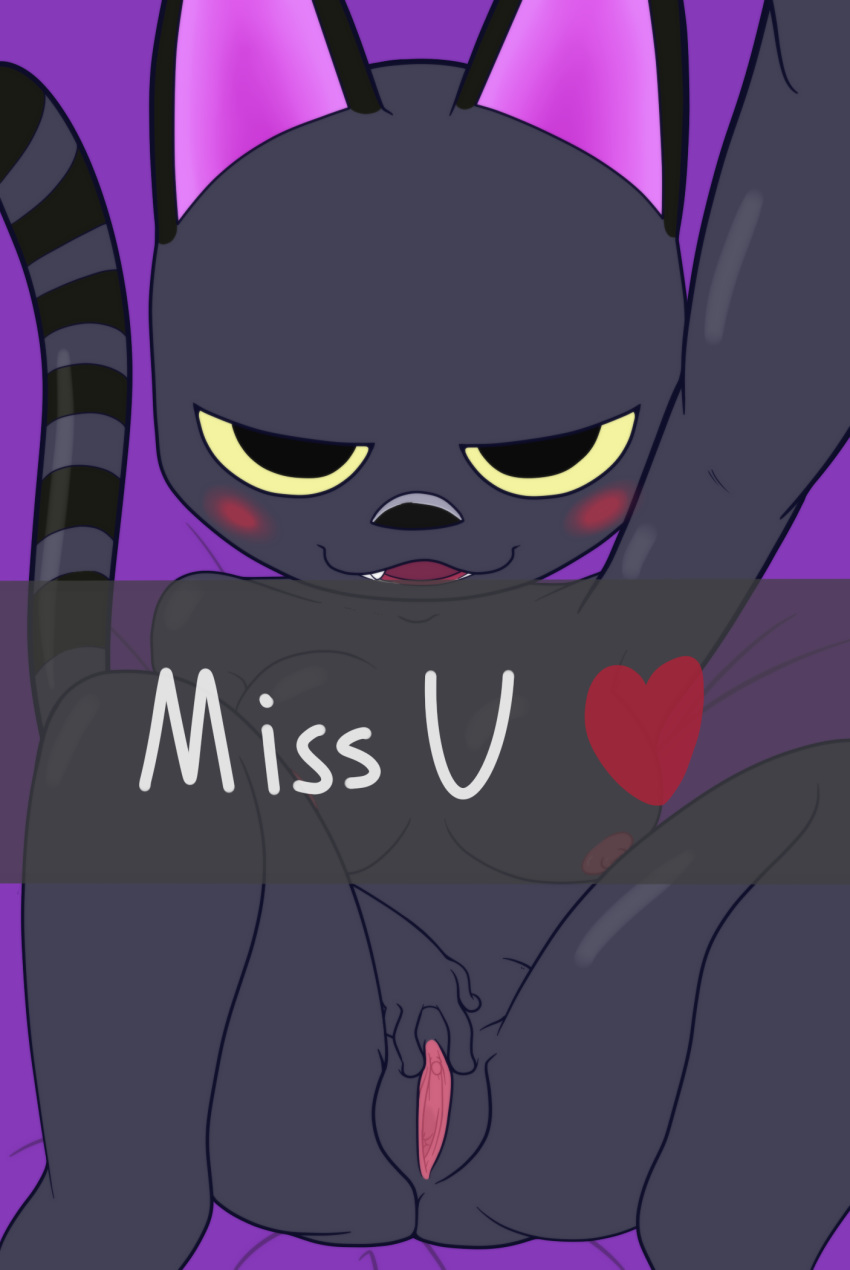 animal_crossing anthro black_fur blush breasts digital_media_(artwork) english_text felid feline felis female four-pundo fur furry furry_only heart kiki_(animal_crossing) looking_at_viewer mammal nintendo nipples nude open_mouth presenting presenting_pussy pussy simple_background smile solo tail text video_games