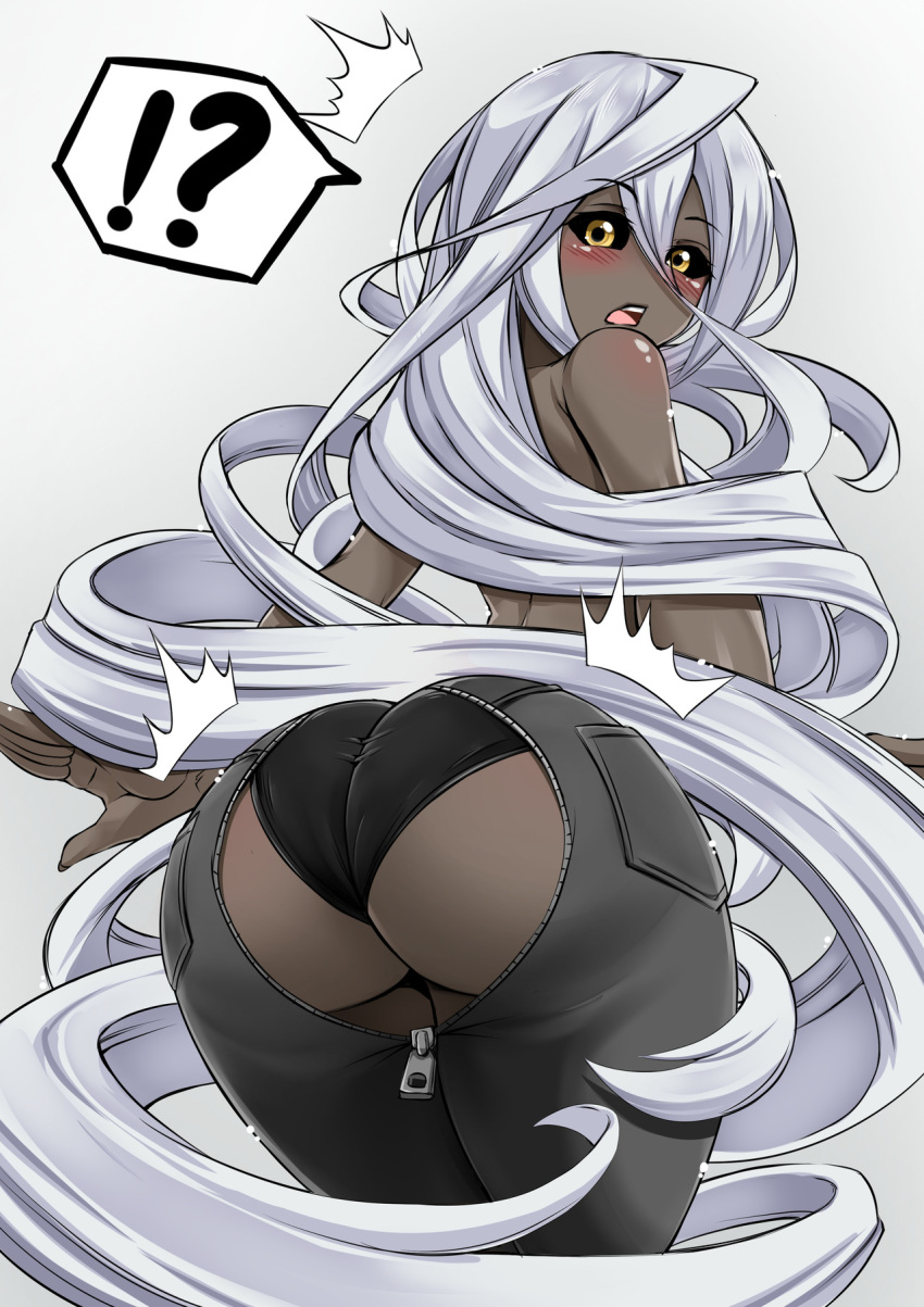 ! 1girls ? ass ass_zipper big_ass black_panties black_sclera butt_focus dark-skinned_female dark_skin doppel_(monster_musume) doppelganger female_only gold_eyes humanoid long_hair looking_at_viewer monster_girl monster_musume_no_iru_nichijou nyarlathotep panties pants simple_background source_request surprised topless underwear unzipped virusotaku white_background white_hair wide_hips zipper zipper_malfunction