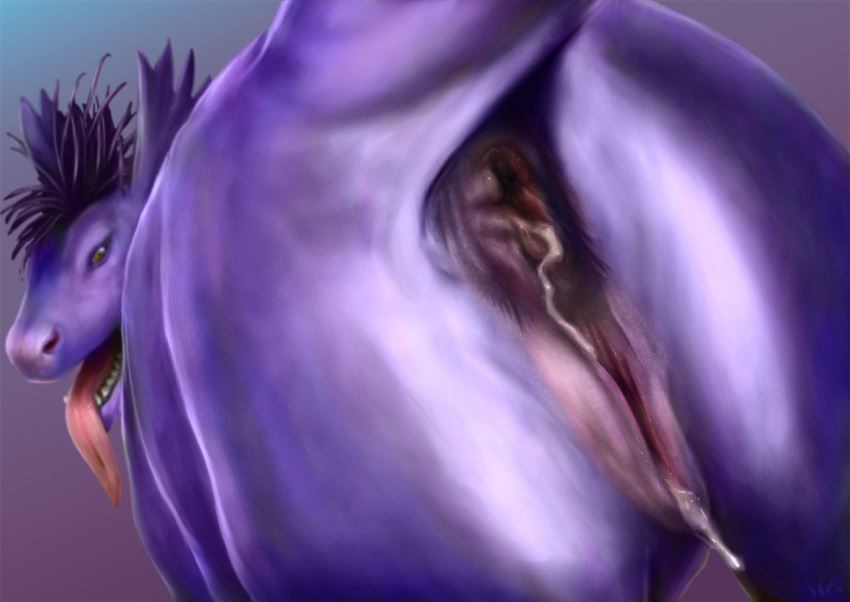 2015 after_sex anus ass caedere cum cum_in_ass cum_in_pussy cum_inside digital_media_(artwork) dragon female feral looking_at_viewer looking_back purple_scales pussy raised_tail scales shaded simple_background solo teeth tongue tongue_out