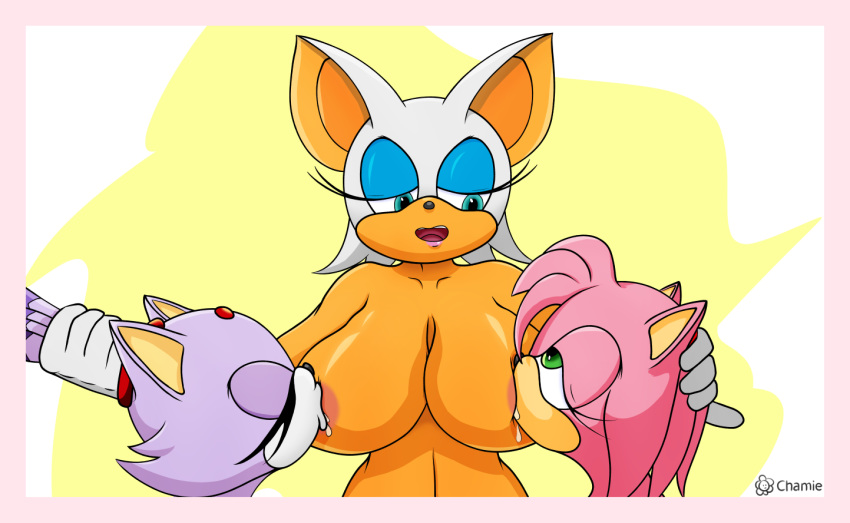 3girls amy_rose anthro areolae artist_name bat big_breasts black_nose blaze_the_cat breast_sucking breastfeeding breasts chamie closed_eyes feline female female_only grabbing green_eyes hair_grab head_grab hedgehog huge_breasts large_breasts mammal multiple_females multiple_girls open_mouth pink_fur pink_hair purple_fur purple_hair rouge_the_bat sega signature sonic_(series) sucking tan tan_fur white_hair yuri