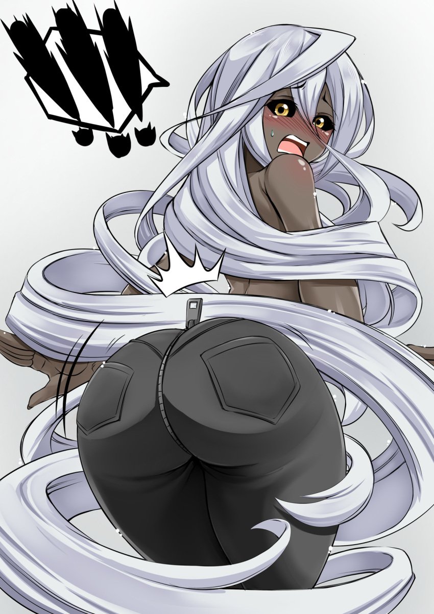 ! 1girls ass ass_zipper big_ass black_sclera dark-skinned_female dark_skin doppel_(monster_musume) doppelganger embarrassed female female_only gold_eyes long_hair monster_girl monster_musume_no_iru_nichijou movement_lines pants simple_background source_request virusotaku white_hair wide_hips zipper