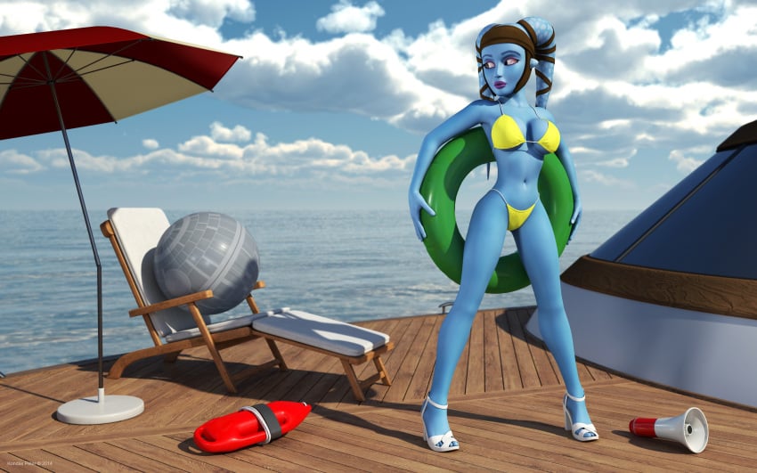 1girls 2014 3d aayla_secura alien alien_girl alternate_version_available artist_name bare_shoulders big_breasts bikini bikini_bottom bikini_top blue_skin busty chair clone_wars curvy day death_star_beach_ball detailed_background ewok_floating_tire eyelashes female female_only front_view headgear high_heels hourglass_figure humanoid jedi jedi_master kondaspeter mammal midriff outdoor outside pose posing purple_lips shadow shiny shiny_skin solo spread_legs spreading standing star_wars swimsuit thong twi'lek underboob voluptuous water wide_hips yellow_eyes