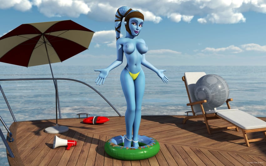 1girls 2014 3d aayla_secura alien alien_girl artist_name bare_shoulders big_breasts bikini bikini_bottom blue_skin busty chair clone_wars curvy day death_star_beach_ball detailed_background erect_nipple erect_nipples ewok_floating_tire eyelashes female female_only front_view half-dressed half_dressed headgear high_heels hourglass_figure humanoid jedi jedi_master kondaspeter looking_at_viewer mammal no_bra open_mouth outdoor outside pose posing purple_lips shadow shiny shiny_skin solo standing star_wars swimsuit thong topless twi'lek underboob voluptuous water wide_hips yellow_eyes