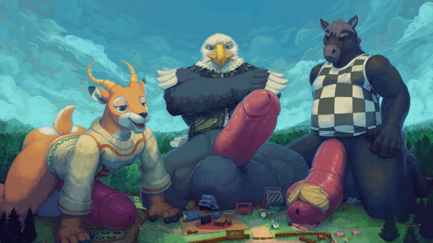 all_fours animal_crossing animal_crossing_pocket_camp antelope anthro apollo_(animal_crossing) ass avian balls beak beau_(animal_crossing) big_balls big_penis bird butt camp clothed clothing eagle equine erection feathers forest fur hair horn horse huge_balls huge_cock huge_penis humanoid_penis looking_at_viewer looking_down macro male male_only mammal mostly_nude nintendo nommz open_mouth outside penis red_penis roscoe_(animal_crossing) shirt sitting slightly_chubby smile sweater thick_penis thick_thighs tree video_games