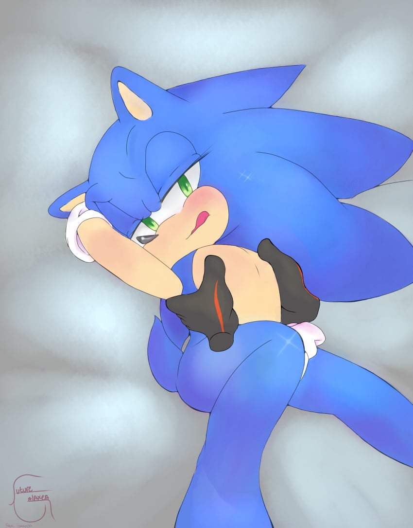 absurd_res anthro barefoot blue_fur blush dakimakura dakimakura_design disembodied_hand duo fur futuregalaxea green_eyes groping half-closed_eyes hedgehog laying_down looking_at_viewer male male_only mammal masturbation nipple_play shadow_the_hedgehog signature solo_focus sonadow sonic_(series) sonic_the_hedgehog tongue tongue_out