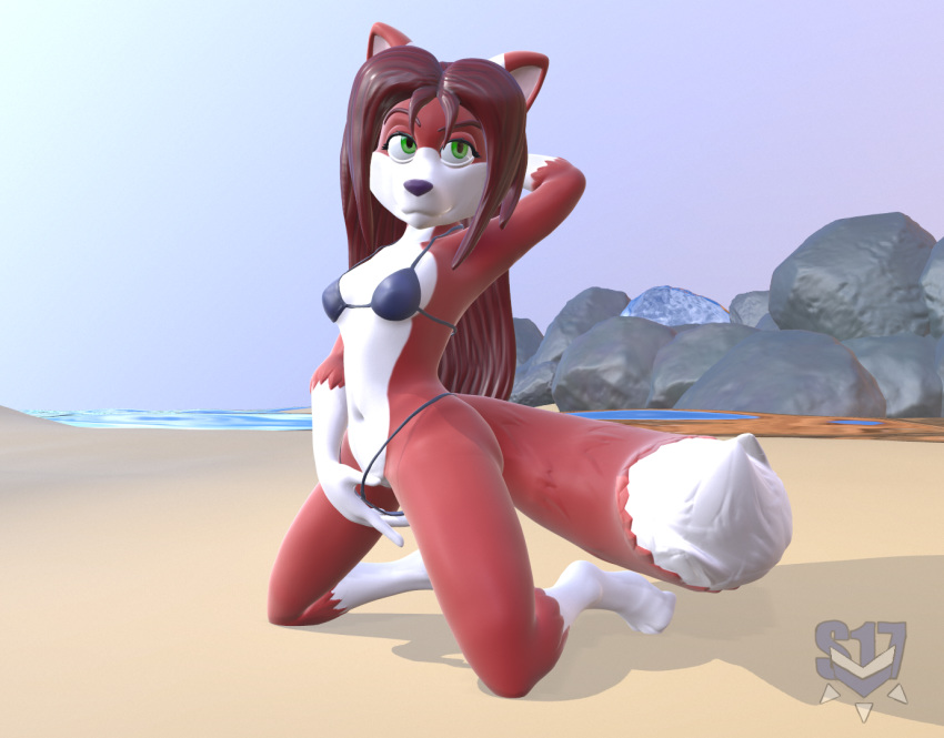 2018 3d anthro armpits ass barely_visible_genitalia barely_visible_pussy beach bikini breasts canine clothing feline female fox fur furry green_eyes hair hybrid linda_wright mammal micro_bikini panties panty_pull pussy red_fur red_hair seaside simple_background solo sorok17 swimsuit underwear white_stomach