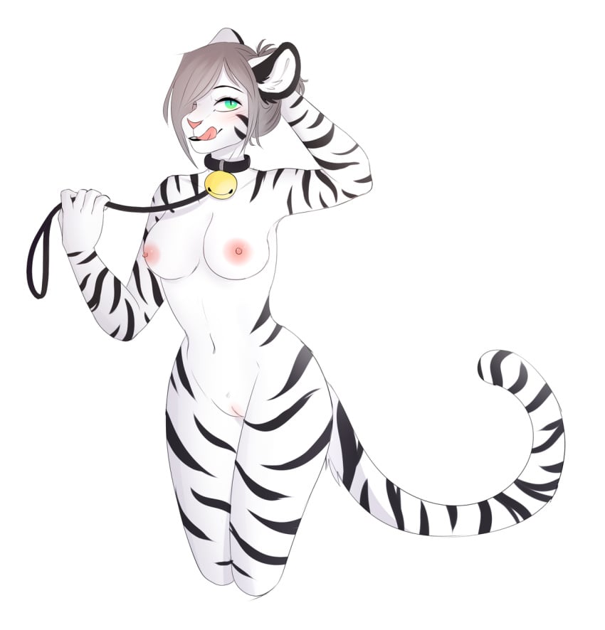 anthro bell breasts bust_portrait collar felid female furry hi_res invalid_tag kasscabel kinar knee_up leash licking licking_lips mammal nipples pantherine portrait pussy stripes tiger tongue tongue_out