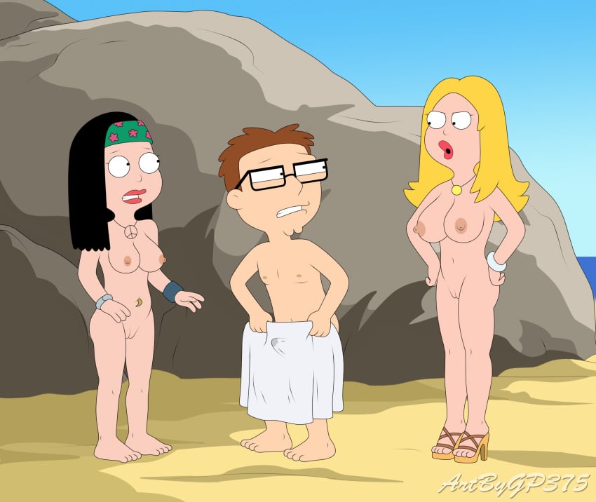 1boy 2girls 4_fingers 4_toes accurate_art_style age_difference american_dad angry beach big_breasts black_hair blonde_hair breasts brother brother_and_sister brown_hair casual caught daughter eyewear female footwear francine_smith glasses gp375 hayley_smith headband headwear hiding_erection human innie_pussy male milf mother naked neckwear nipples nude pale_skin sister son steve_smith teen towel wristwear