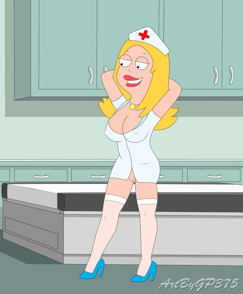 accurate_art_style american_dad arms_behind_head big_breasts francine_smith gp375 heels innie_pussy no_panties nurse tagme vagina