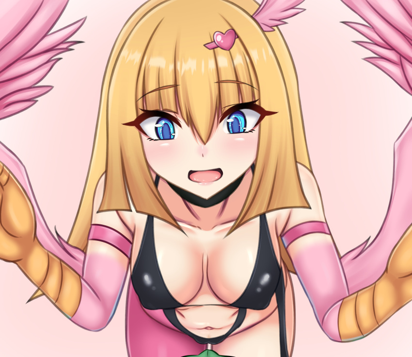 1boy 1girls belly_button big_breasts blonde_hair blue_eyes blush boxers_(clothing) breasts bulge bulge_through_clothing cleavage clothed clothing duel_monster erect_penis erection erection_under_clothes eyebrows_visible_through_hair female_focus hair_ornament harpie_girl harpy kataarmd_(qr) light-skinned_female light_skin looking_at_bulge monster_girl nipple_bulge wings yu-gi-oh!