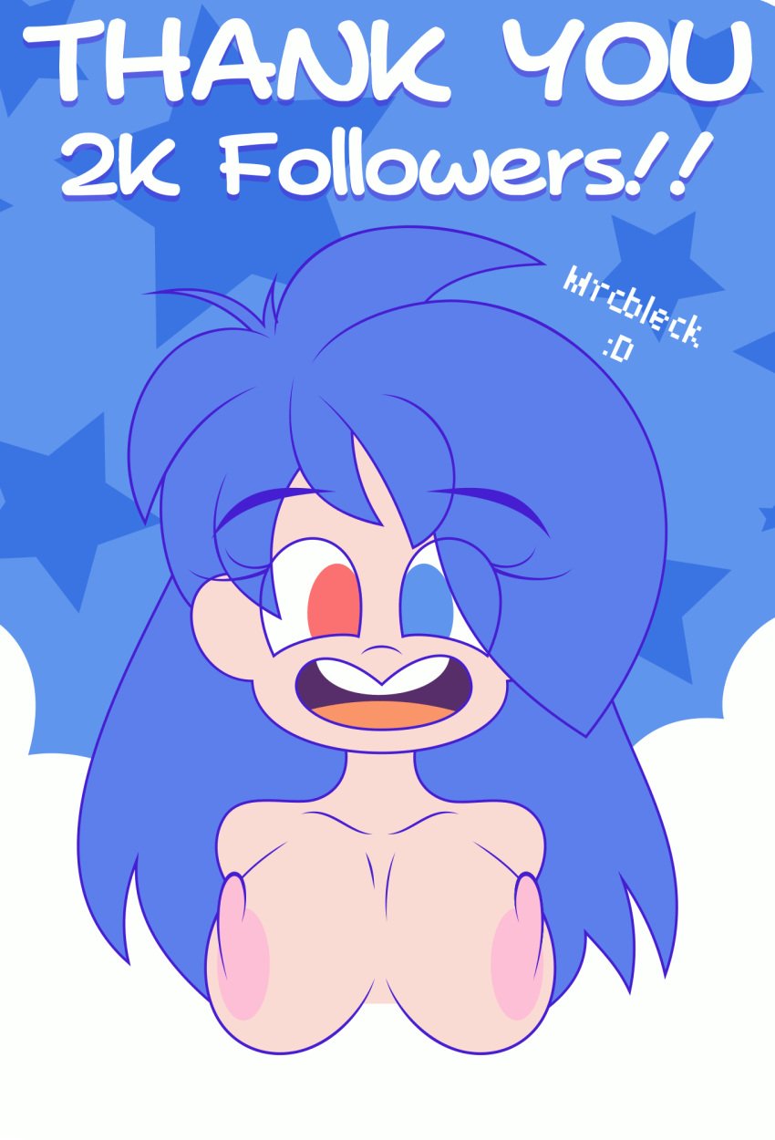 1girls 2019 :d animated artist_name becky_(mrcbleck) big_breasts blue_eyes blue_hair bouncing_breasts breasts female female_only follower_celebration gif happy long_hair looking_at_viewer milestone_celebration mrcbleck nipples red_eyes solo twitter_username watermark