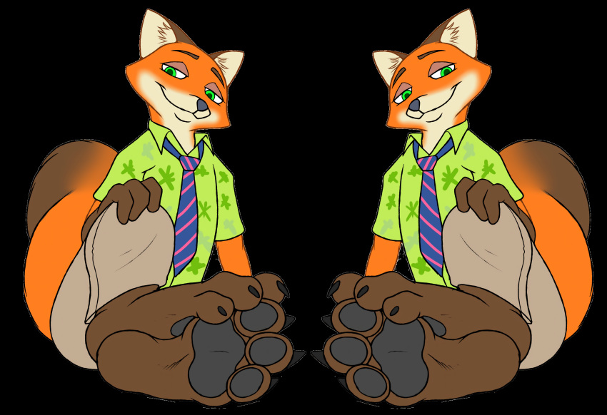 2015 3_toes anthro canine clothing disney foot_fetish foot_focus fox fur green_eyes hawaiian_shirt high_res looking_at_viewer male male_only mammal mirror_image neck_tie nick_wilde pawpads paws red_fur shirt sitting smile smirk toepad toepads toes zootopia zp92