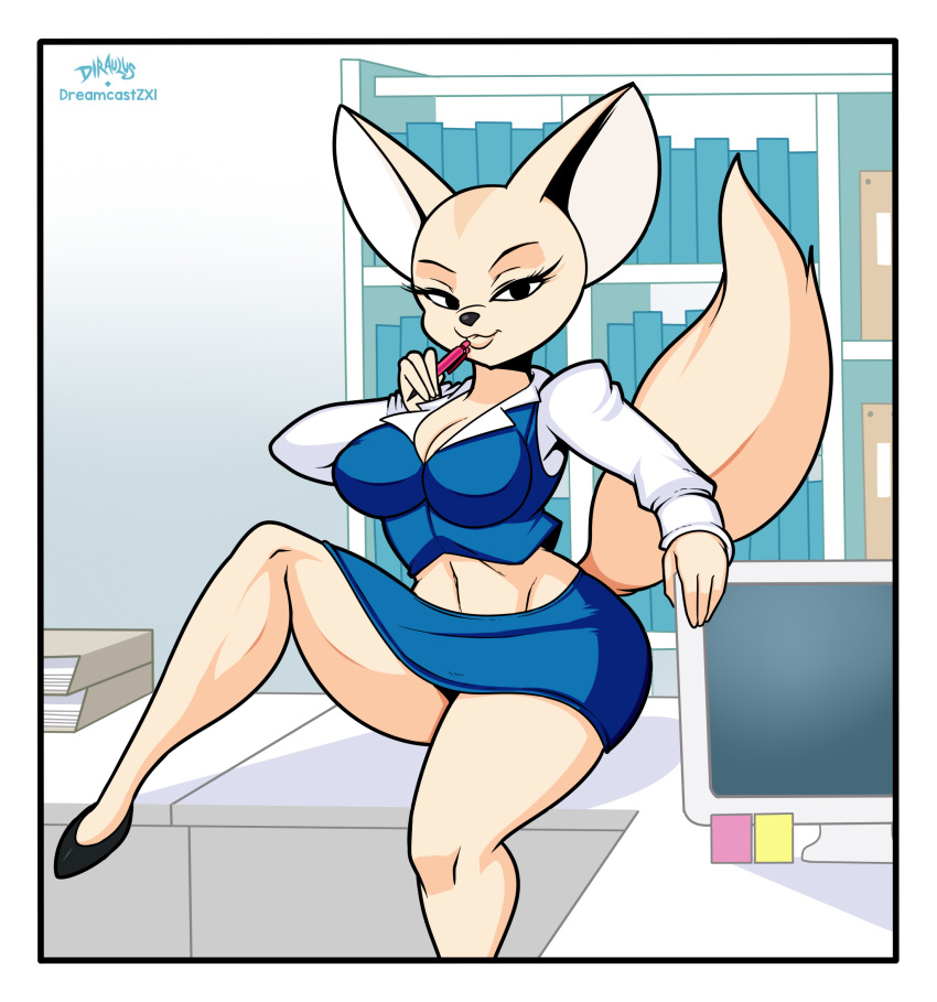 aggressive_retsuko anthro big_breasts big_hips breasts clothed clothing diraulus female fenneko fur furry furry_only hi_res office_lady smooth_fur solo superbunnygt tail tight_clothing