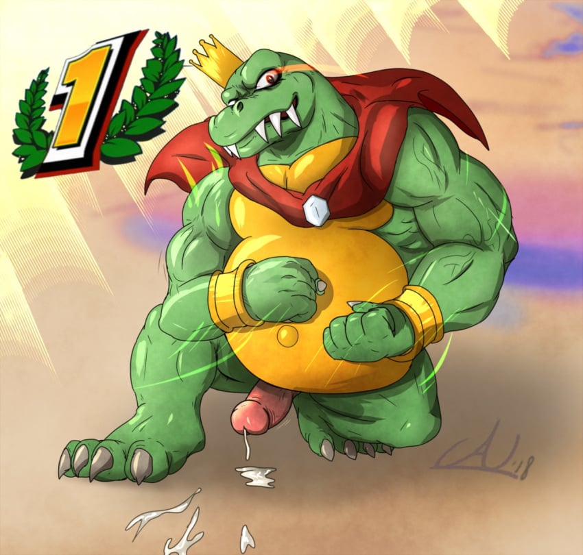 alligator anthro audiophilliac barazoku belly cape claws clothing crocodile crocodilian crown cum donkey_kong_(series) erection fangs gem green_scales humanoid_penis k_rool kremling male male_only musclegut muscular navel nintendo overweight penis reptile scales scalie sharp_teeth teeth thick_thighs video_games