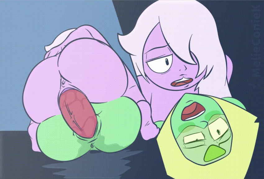 2d 2d_animation 2girls ahe_gao amethyst_(steven_universe) animated anus ass cartoon_network completely_nude dildo double_dildo double_penetration female_only gem_(species) gif green_skin hair_over_one_eye mating_press melieconiek multiple_girls nude open_mouth penetration peridot_(steven_universe) purple_skin sex sex_toy steven_universe vagina vaginal_penetration yuri