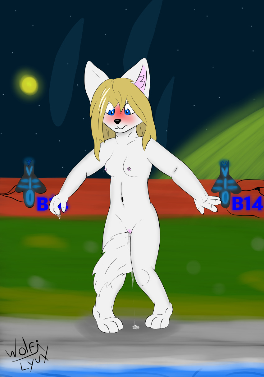 absurd_res anthro arctic_fox blonde_hair blue_eyes blush breasts canine female fox hair hi_res kyna(wolfilyux) mammal navel nude pussy pussy_juice solo space tail_between_legs wolfilyux