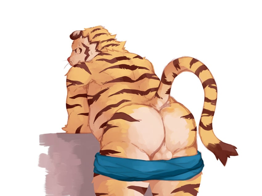 2018 anthro ass balls feline fur lower male male_only mammal rear_view simple_background solo striped_fur striped_tail stripes sweat tiger