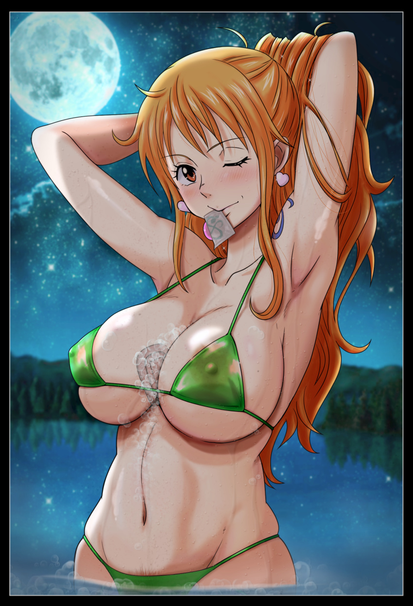 armpits bare_arms bare_shoulders bikini breasts brown_eyes bubbles dashigara_100 edit female female_only huge_breasts long_hair nami one_piece orange_hair post-timeskip pubic_hair see-through soap sweat tattoo wink