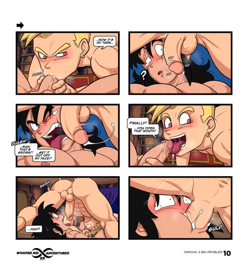 2boys 69 69_position bara big_penis black_eyes black_hair blonde_hair blush comic dragon_ball dragon_ball_z earrings fellatio first_time forced_oral gay male male_only manga masturbation multiple_boys muscle muscles muscular nude on_back open_mouth oral pecs penis penis_on_face pink_eyes questionable_consent ripped text virgin woofer_kid wooferlicke wooferlicke_(artist) yamcha yamcha's_big_problem yaoi