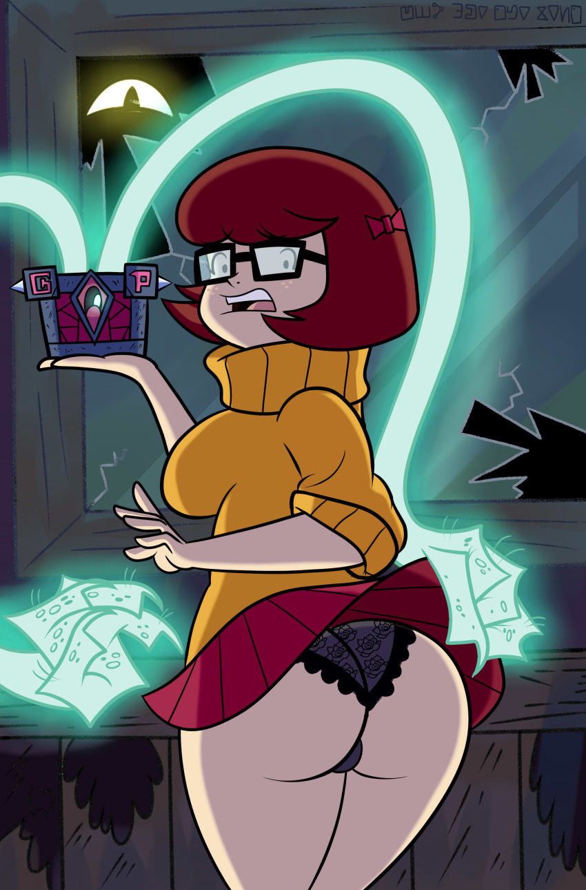 1girls ass assisted_exposure black_panties exposed exposed_ass exposed_panties female hanna-barbera lace_panties miniskirt monster panties roco340 scooby-doo skirt_lift solo surprised thick_thighs velma_dinkley