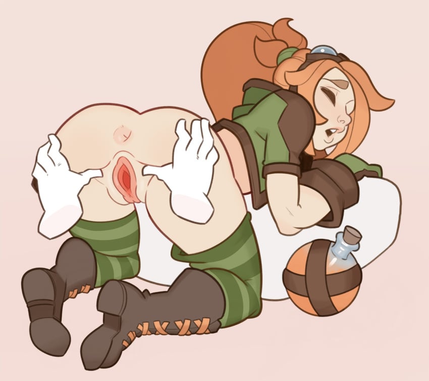 1girls all_fours anus ass battlerite blush disembodied_hands female lucie_(battlerite) pussy solo_focus splashbrush spread_pussy thighhighs