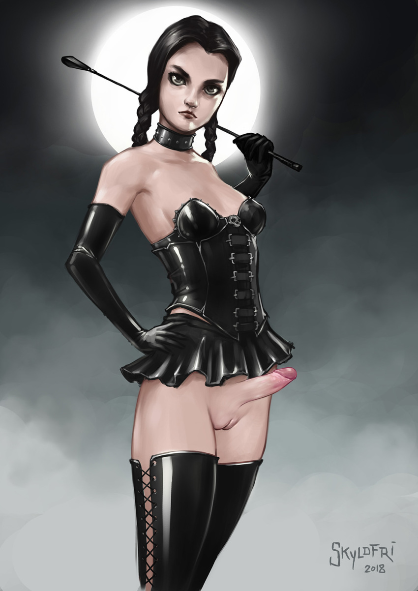 1futa 2018 black_hair braid braids choker collar corset crop dated domination dominatrix elbow_gloves erection femdom full_moon futa_only futa_sans_balls futadom futanari gloves goth grey_background hair hand_on_hip human human_only intersex latex latex_gloves latex_legwear latex_skirt latex_thighhighs light-skinned_futanari light_skin long_gloves long_hair miniskirt moon neckwear no_panties no_underwear nudity outdoor_nudity outside partially_clothed penis penis_under_skirt pose pussy riding_crop sex_toy shaved_pussy side_view signature simple_background skirt skyldfri solo solo_futa standing the_addams_family twin_braids twintails vagina wednesday_addams young