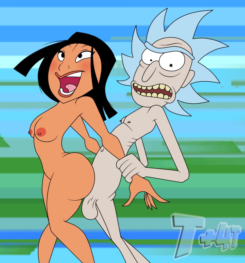 ass balls black_hair blue_hair blush breasts crossover disney disney_princess doggy_style duo fa_mulan female lewdacris male mulan nipples nude rick_and_morty rick_sanchez sex t+4t testicles