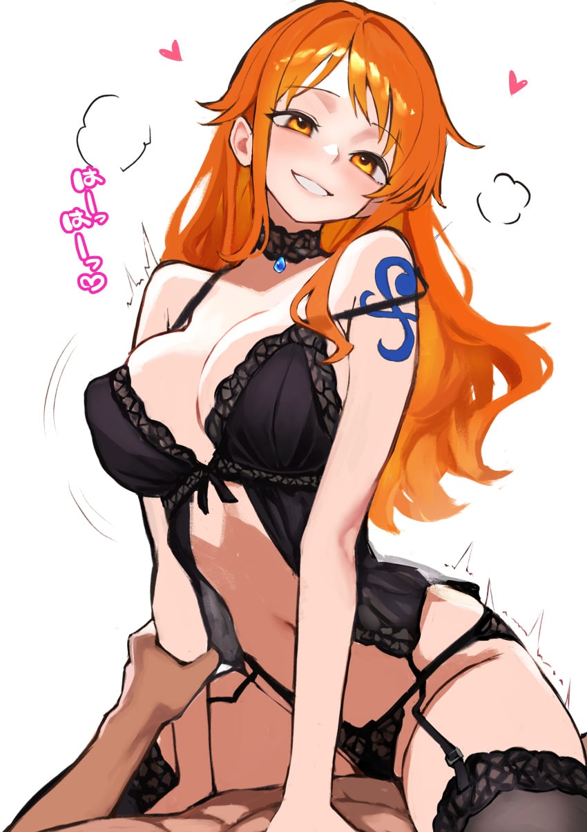 1boy 1girl 1girls absurdres black_dress black_panties black_thighhighs breasts commentary_request commission cowgirl_position dress female girl_on_top grabbing_another's_arm hetero highres kasumi_6 large_breasts long_hair male nami_(one_piece) one_piece orange_eyes orange_hair panties pixiv_commission sex shoulder_tattoo simple_background smile straddling tattoo thighhighs underwear white_background